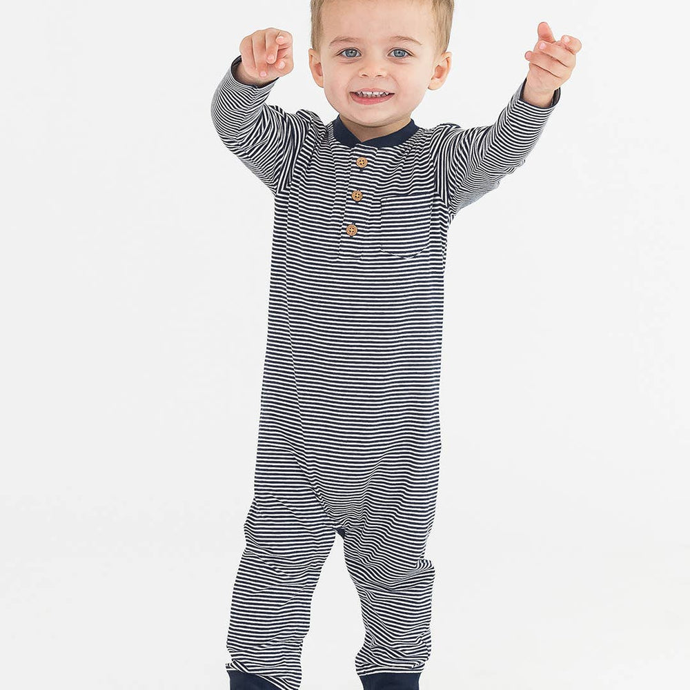 
                      
                        Baby Tiny Navy Stripe Knit Henley Pocket Romper
                      
                    