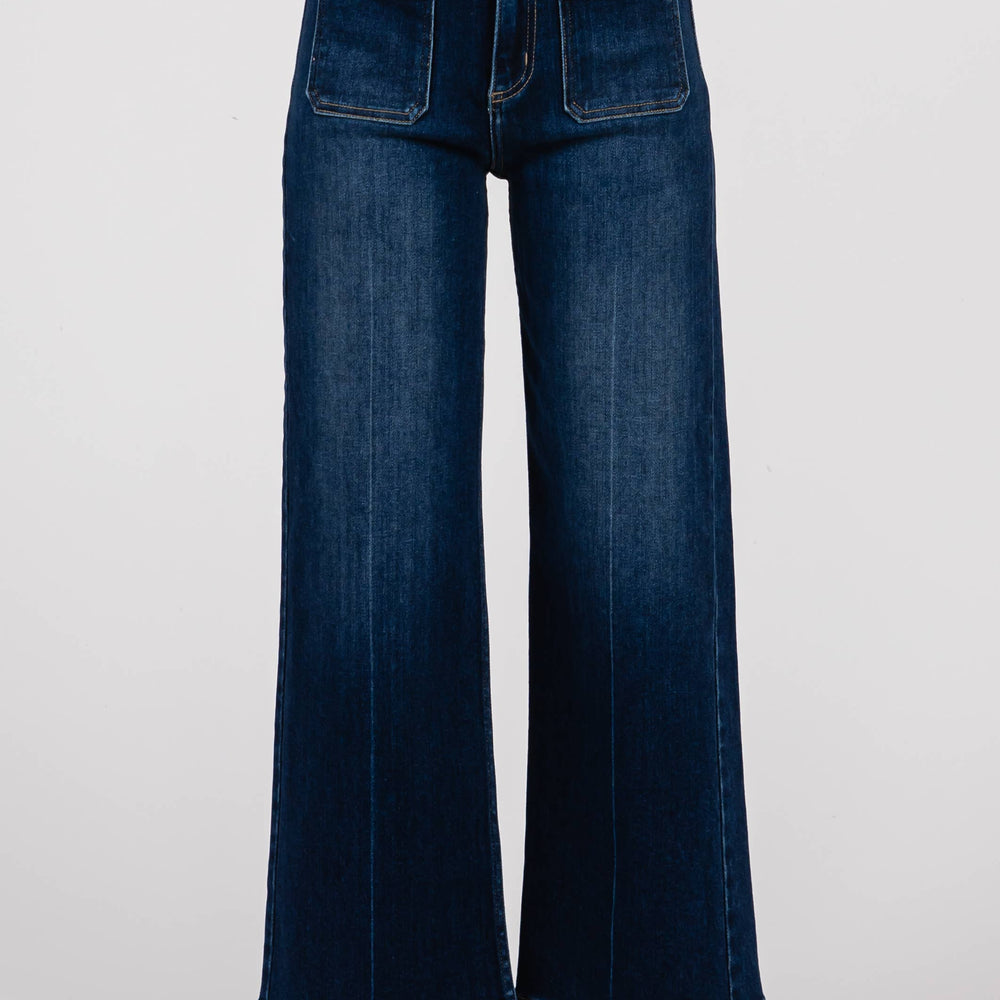 Close-up of Dark Sailor Jeans front view highlighting sailor-style patch pockets, dark wash finish, and tailored wide leg design.
