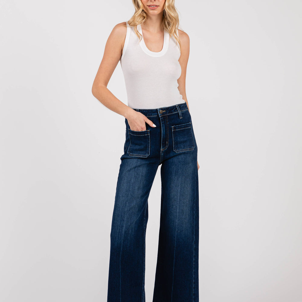 Model wearing Dark Sailor Front Patch Pocket Jeans with basic tank, showcasing cropped wide leg and high rise silhouette. Made in USA denim.