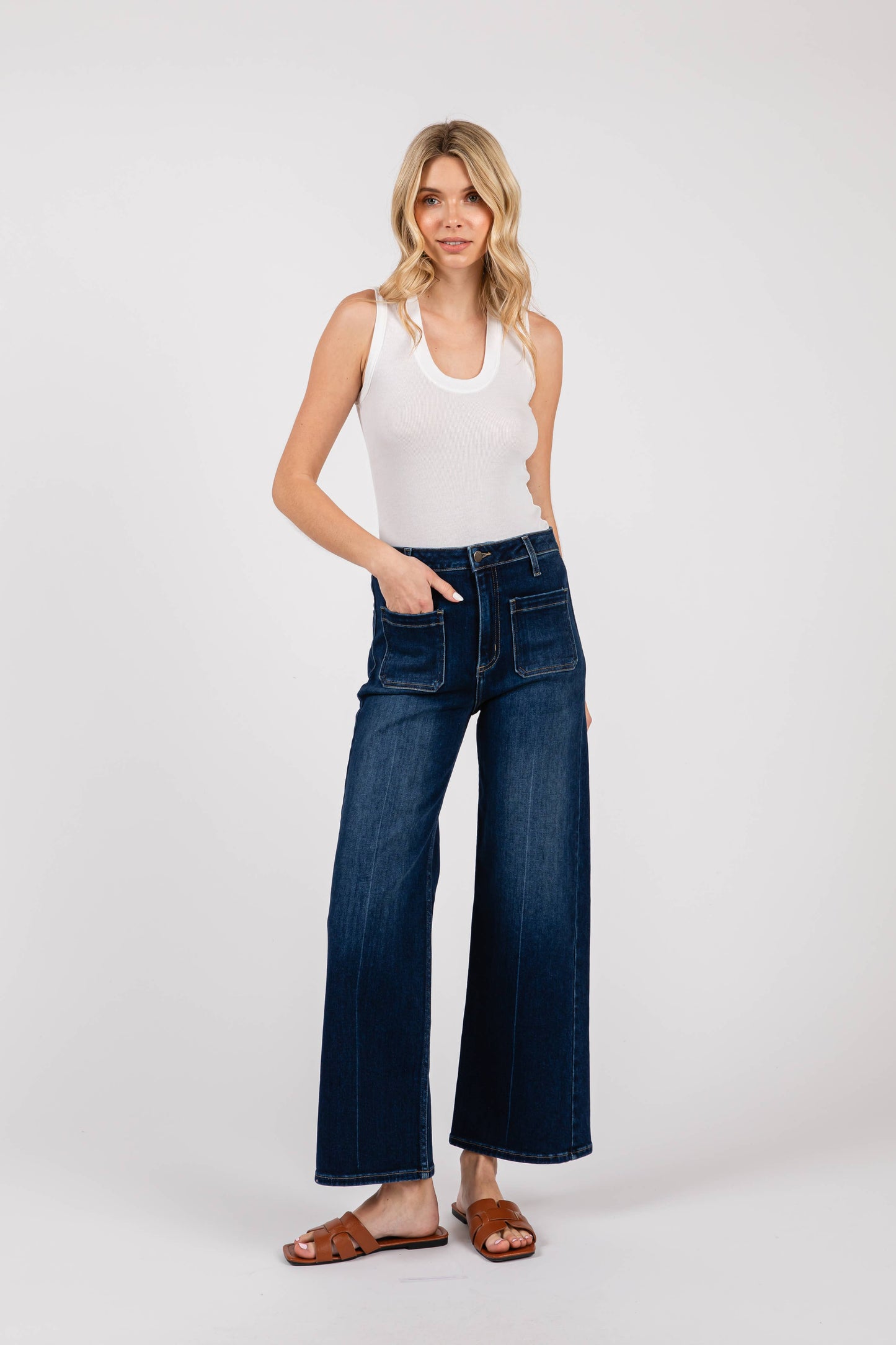 Model wearing Dark Sailor Front Patch Pocket Jeans with basic tank, showcasing cropped wide leg and high rise silhouette. Made in USA denim.