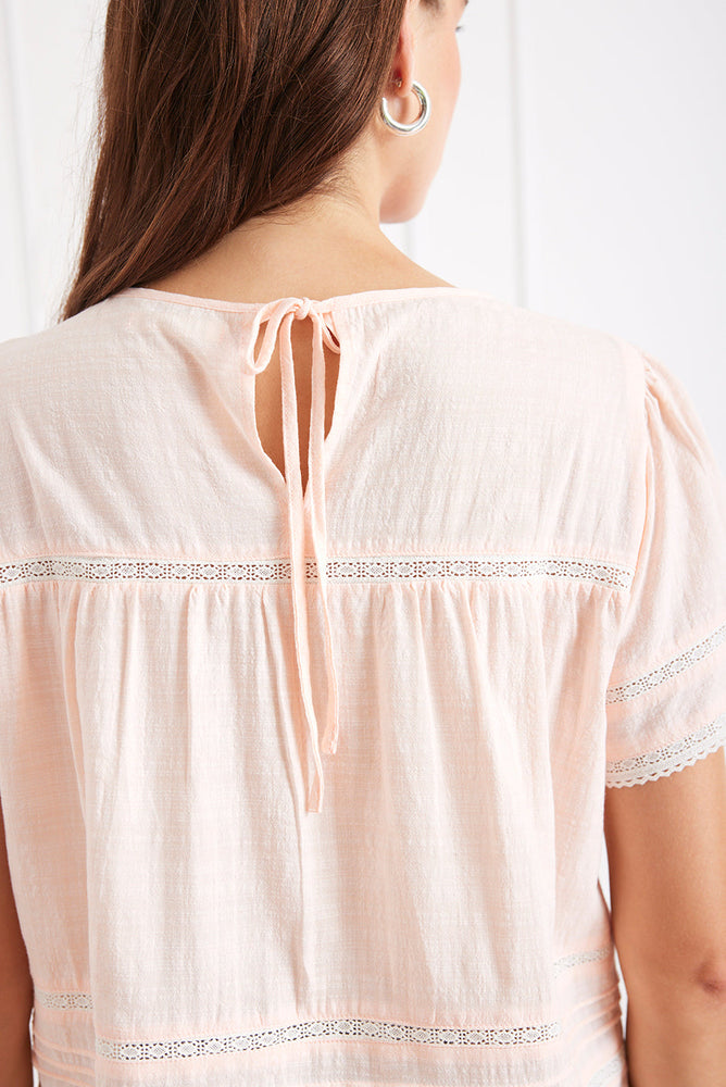 
                      
                        Detail of the Dawn Tee’s back and tie, showing the softness of the slub cotton and lace edging.
                      
                    
