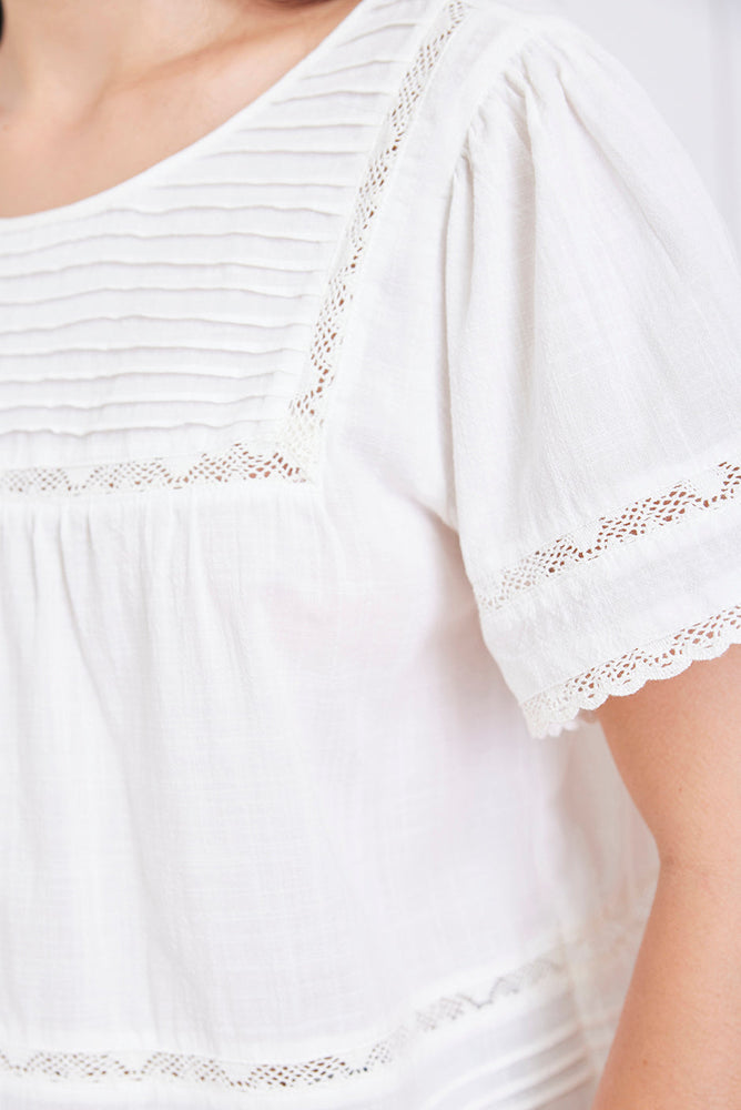 
                      
                        Detail of the Dawn Tee’s short sleeve and soft slub cotton fabric, emphasizing texture and craftsmanship.
                      
                    