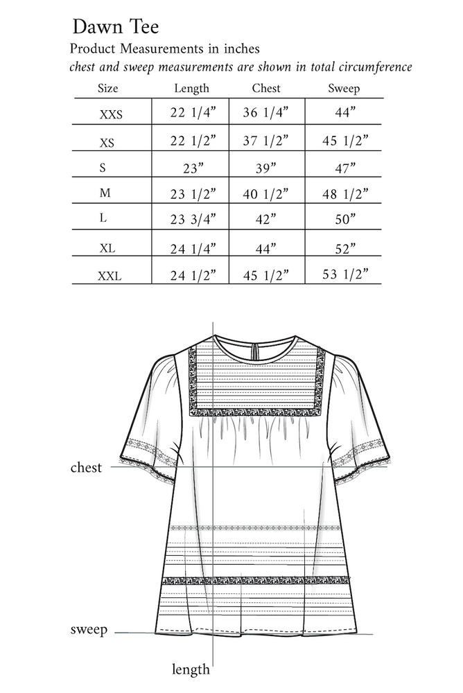 
                      
                        Size chart for the Dawn Tee with garment measurements to guide fit and sizing.
                      
                    