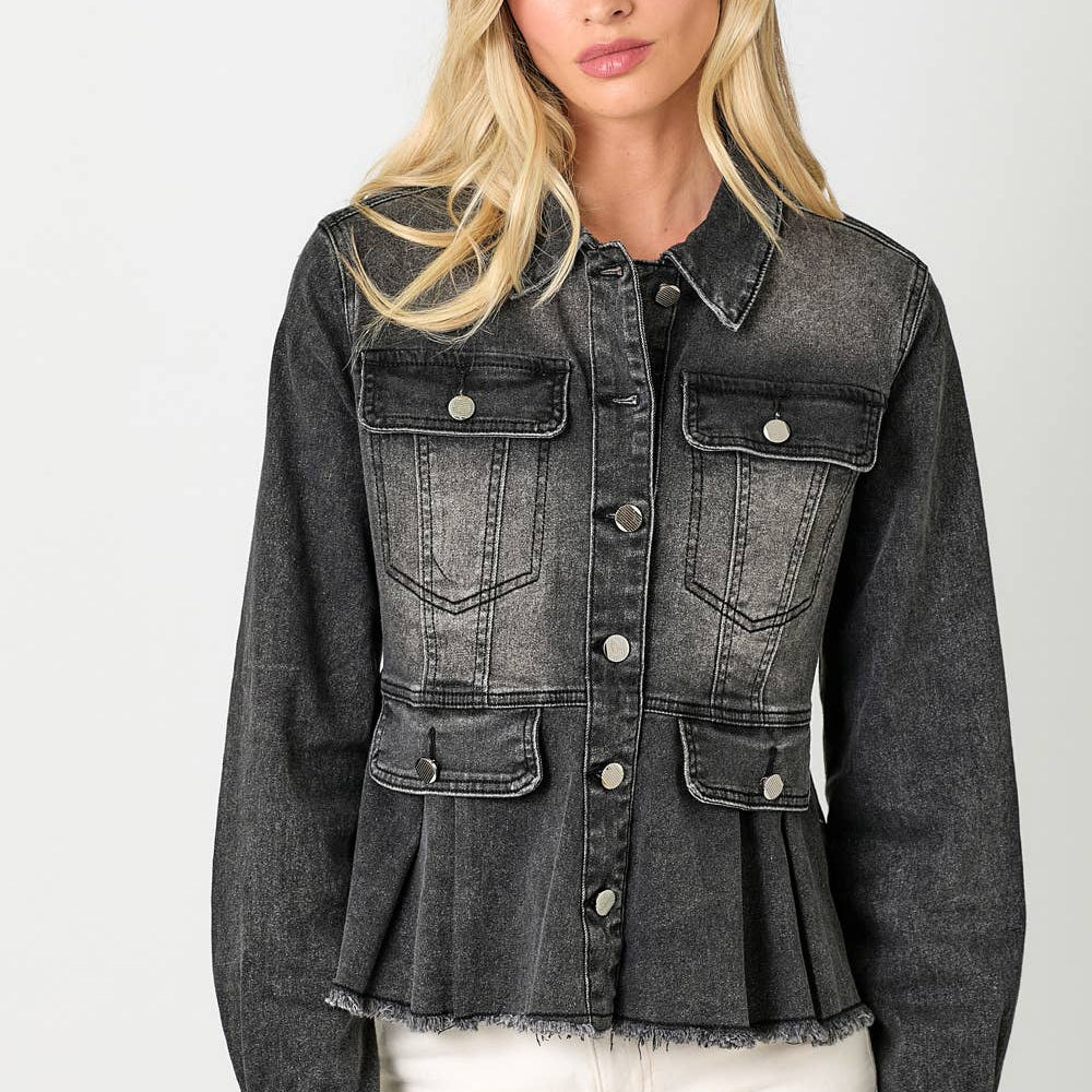 Large - Washed Black Denim Peplum Jacket - Stylish Button-Down with Bust Pockets