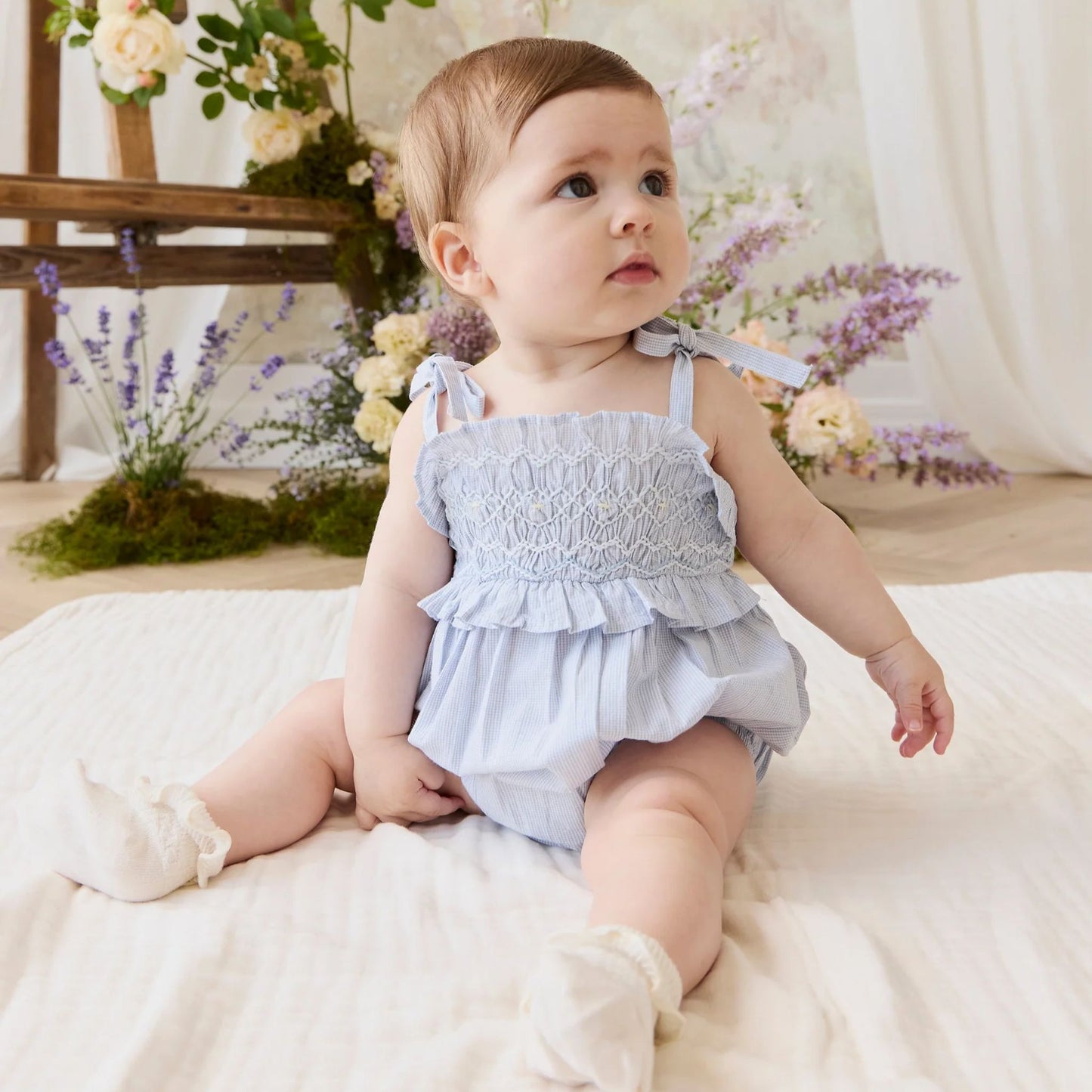 Child wearing Jamie Kay Organic Cotton Désirée Playsuit in Petite Check