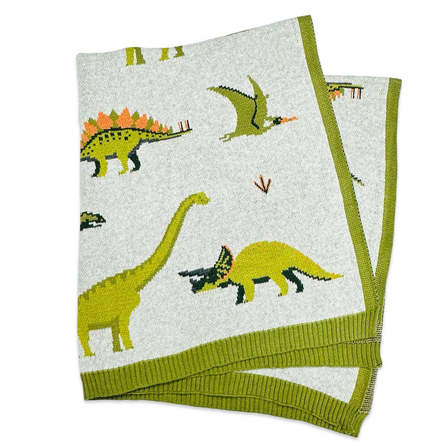 Folded green dinosaur organic cotton baby blanket
