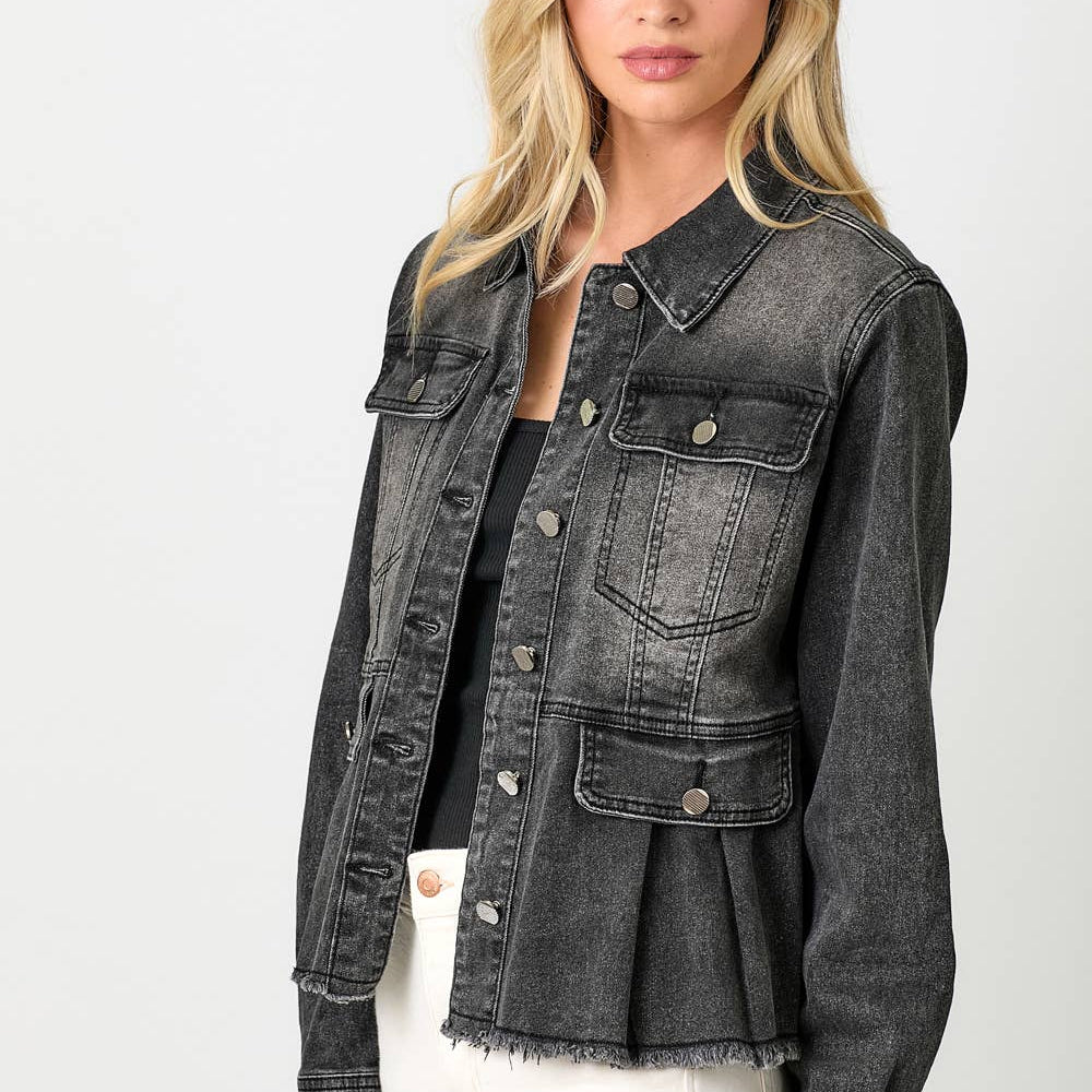 
                      
                        Washed Black Denim Peplum Jacket
                      
                    