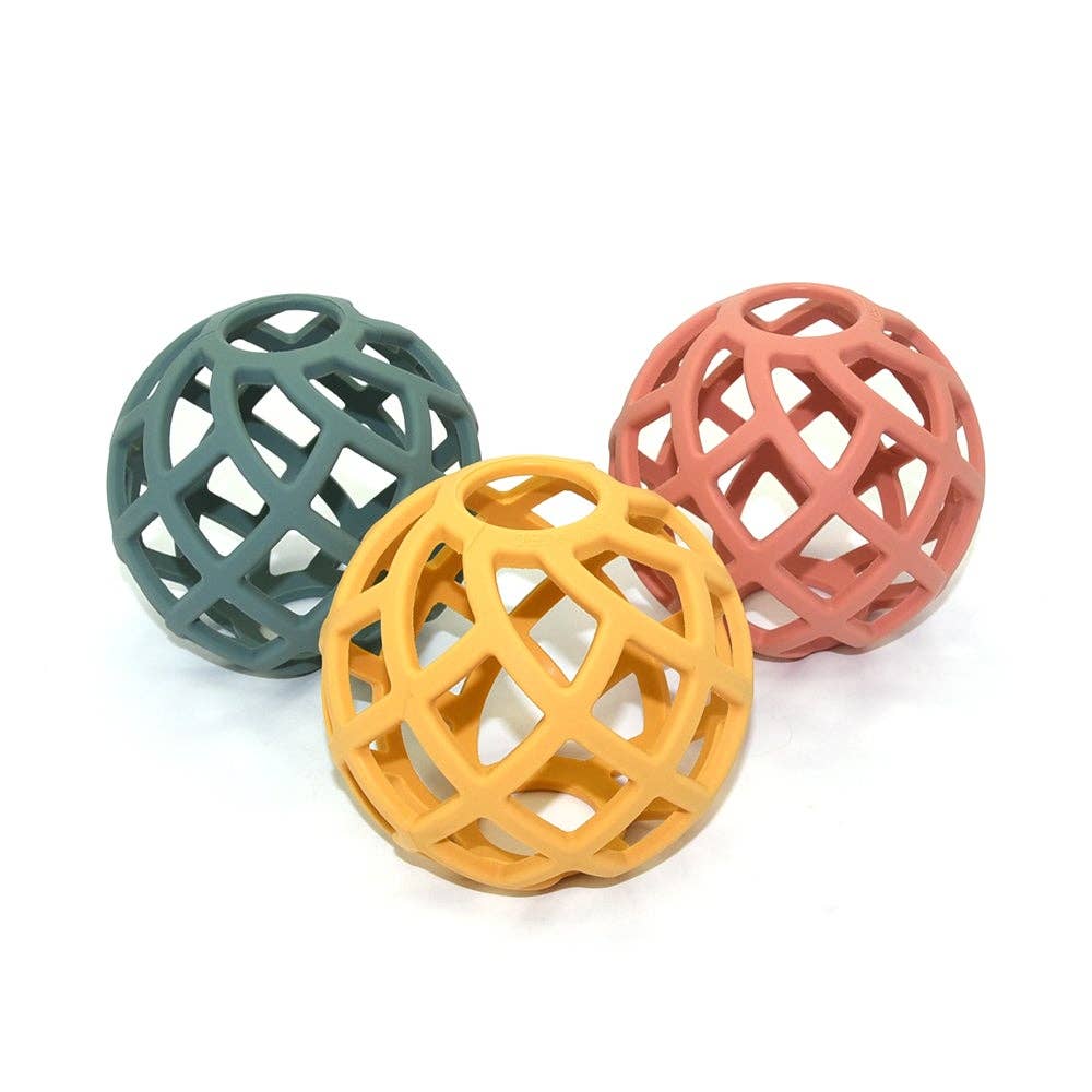 
                      
                        Clustered display of Ocean, Blush, and Turmeric eco-friendly teether balls, made from 100% food-grade silicone and sustainably harvested materials
                      
                    