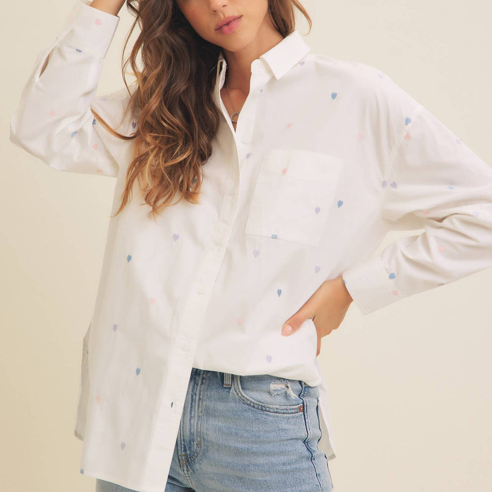 Full of Hearts Embroidery Button-Down Shirt – Soft Cotton with Playful Heart Detail