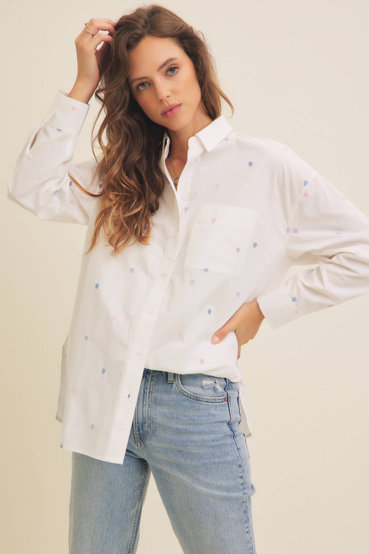 Full of Hearts Embroidery Button-Down Shirt – Soft Cotton with Playful Heart Detail