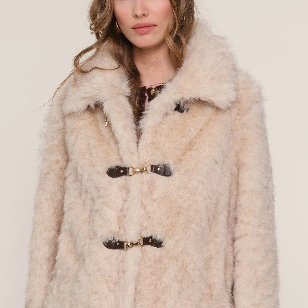Close-up of Elsbeth Faux Fur Jacket on model, highlighting ultra-soft texture and stylish front design.