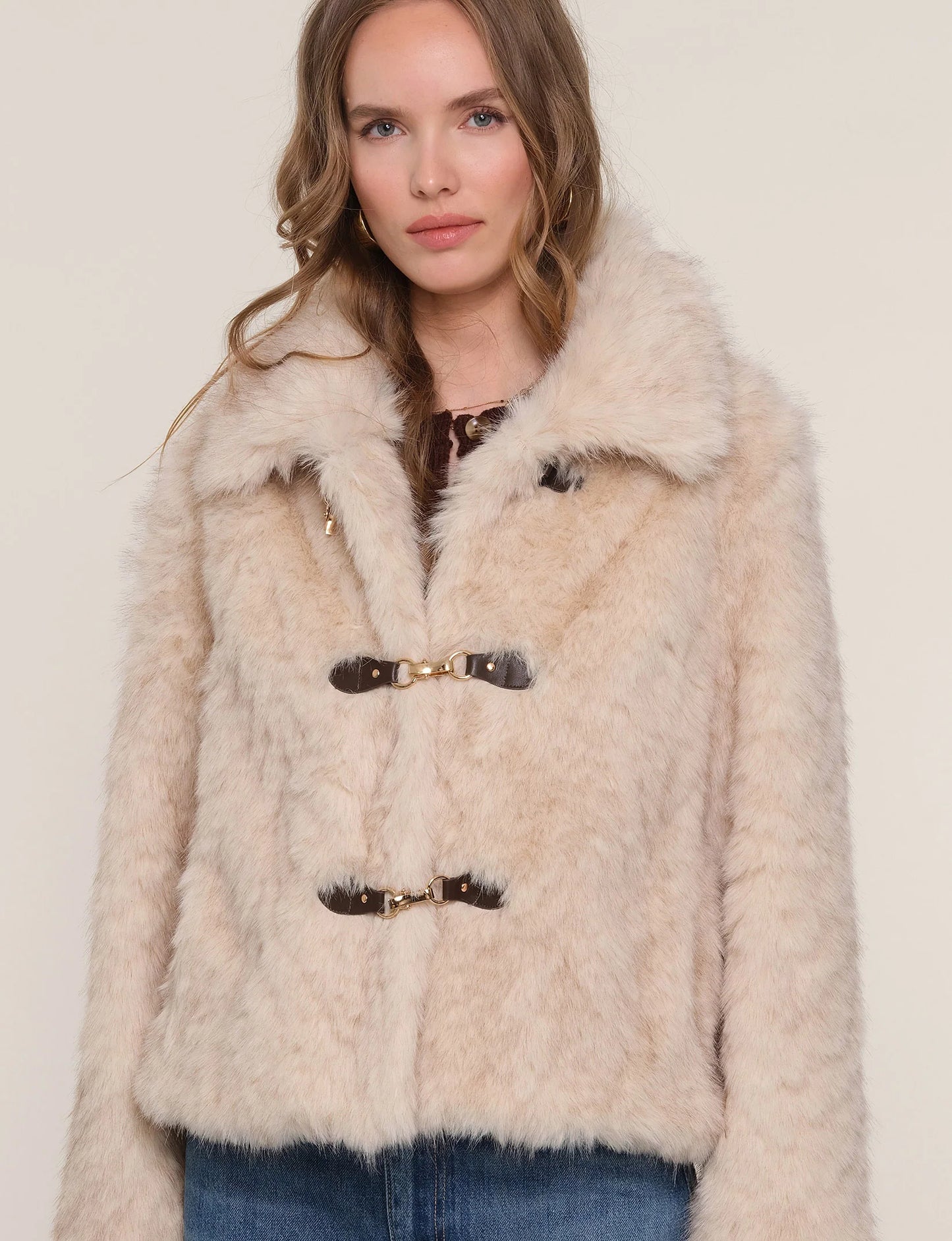 Close-up of Elsbeth Faux Fur Jacket on model, highlighting ultra-soft texture and stylish front design.