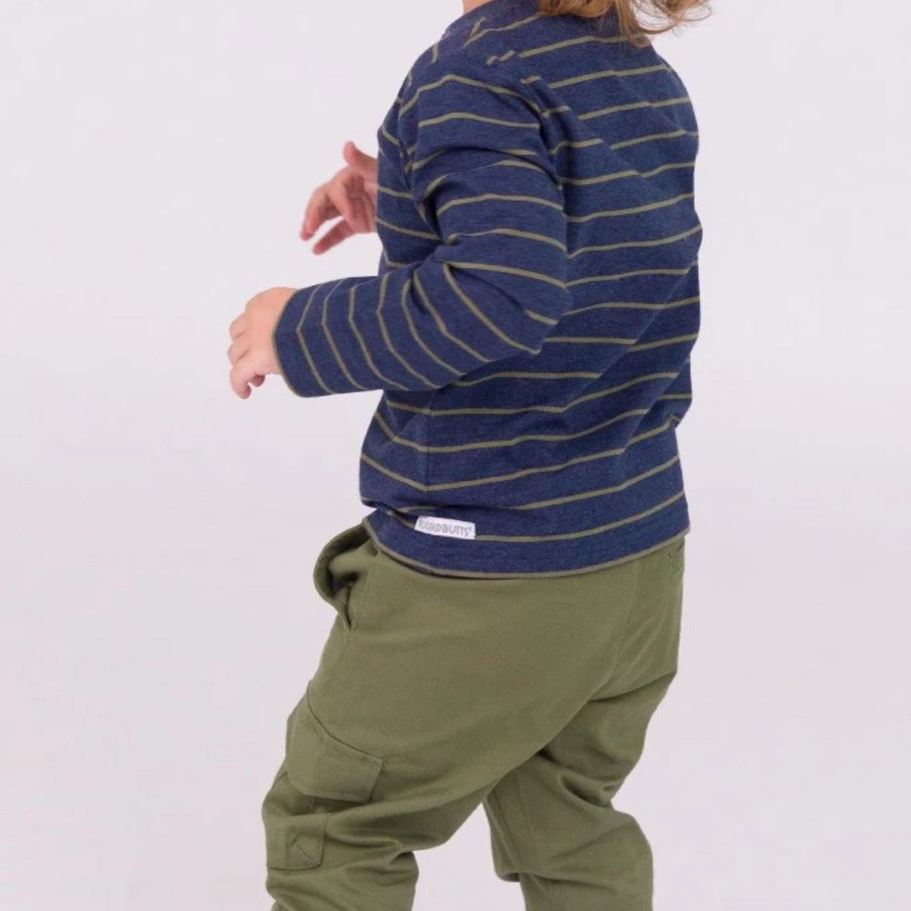 
                      
                        Energetic child in the Boys Dusty Olive Stripe Knit Long Sleeve Henley Tee, captured in a vibrant studio setting.
                      
                    