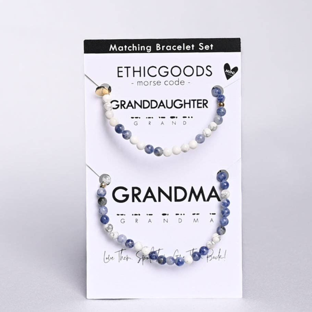 Ethicgoods Morse Code Matching Set – Grandma & Granddaughter (Mini) – a meaningful and stylish set of bracelets featuring personalized Morse code, symbolizing love and connection between grandma and granddaughter. Handmade with care, each set supports survivors of human trafficking.