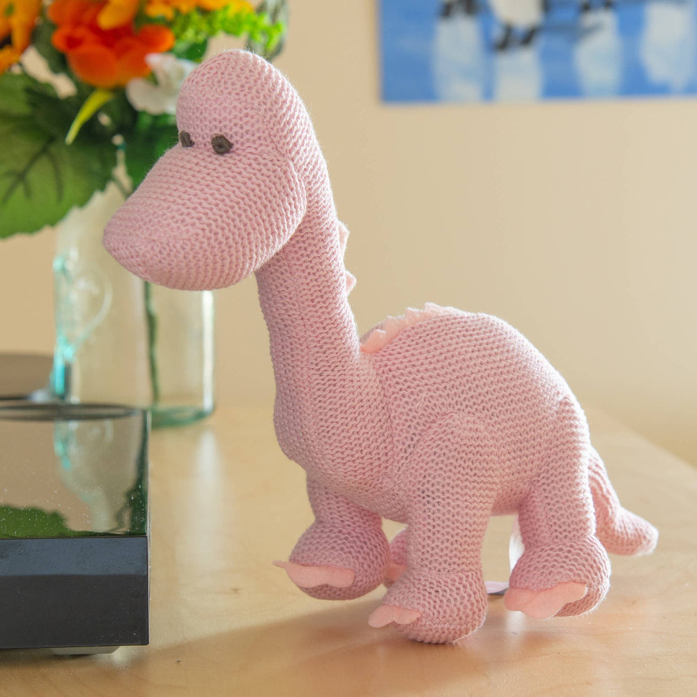 Knitted Organic Cotton Pink Diplodocus Dinosaur Baby Rattle