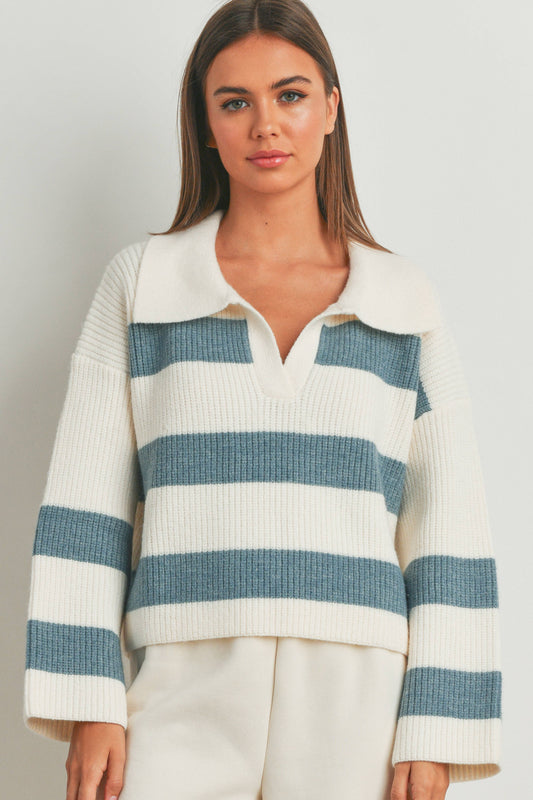 Stripe Drop Shoulder With Wide Collar Sweater - Grace & Haven