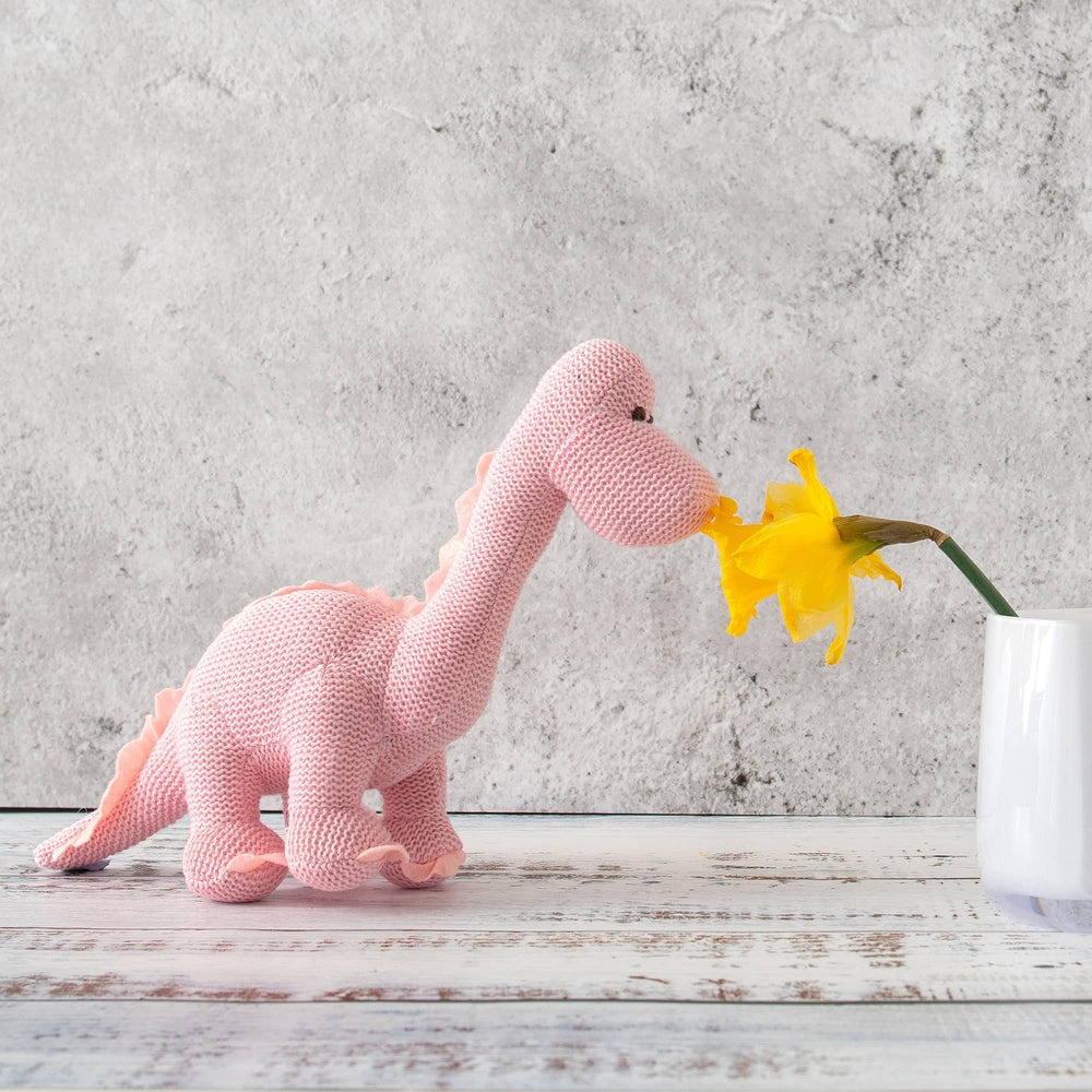 
                      
                        Knitted Organic Cotton Pink Diplodocus Dinosaur Baby Rattle
                      
                    