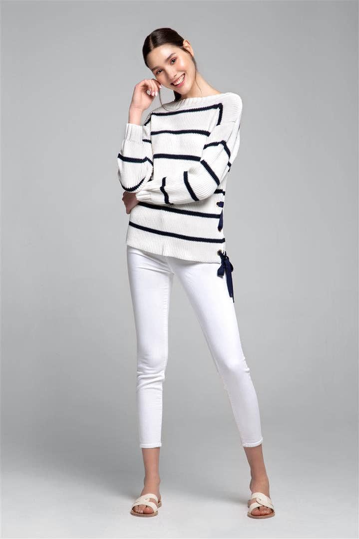 Large - Monaco Striped Cotton Sweater With Metal Eyelets In Cream