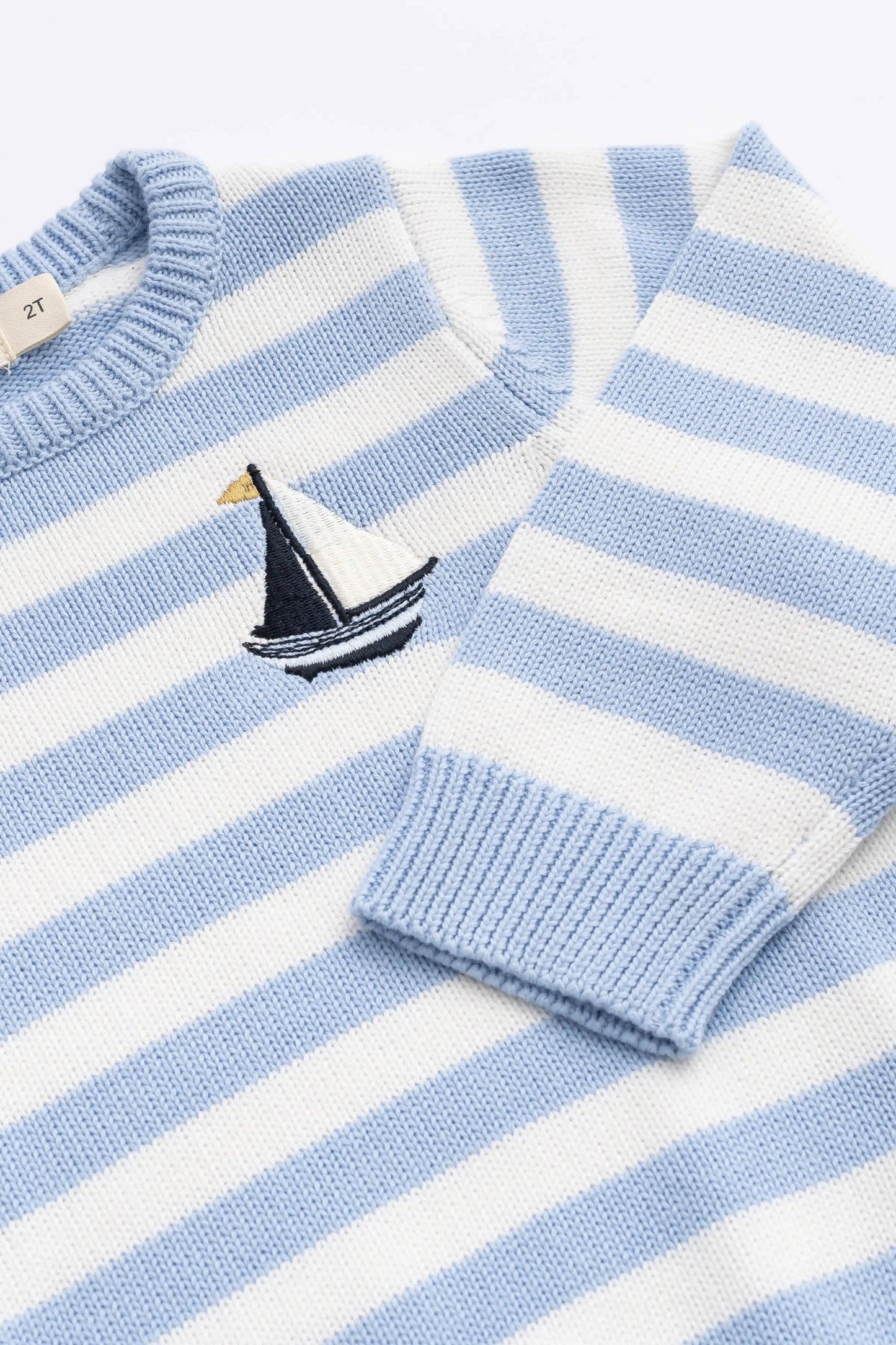 Kids Organic Knit SweaterBlue Stripe Sailboat with embroidered sailboat design, blue and white horizontal stripes, and