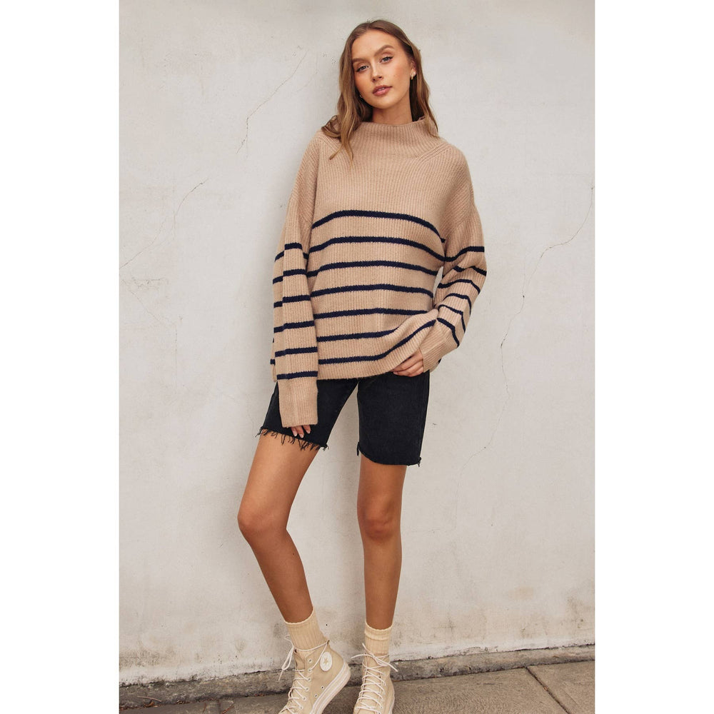 
                      
                        Fluffy High Neck Striped Hem Sweater
                      
                    