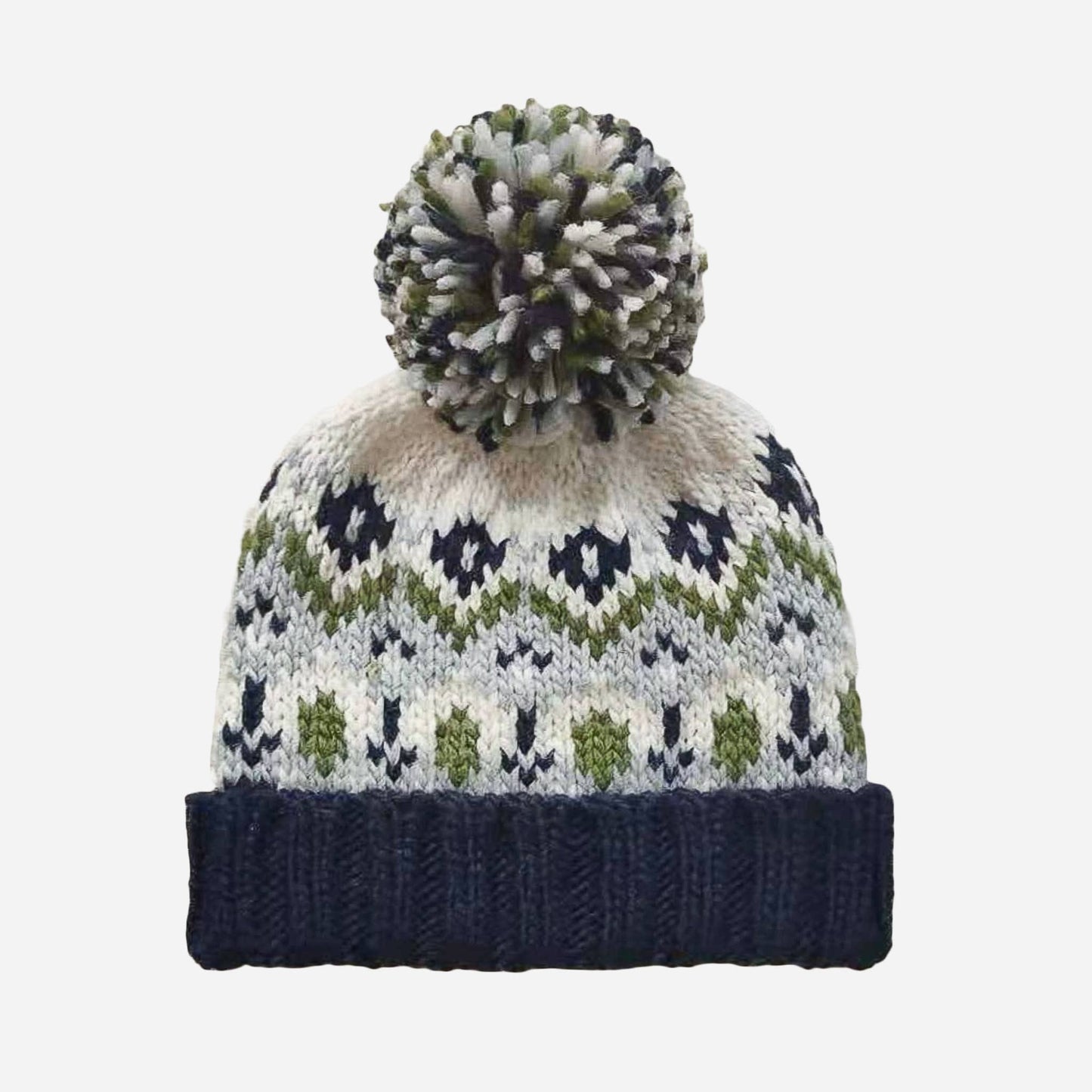 Front view of Fairisle Knit Hat in navy with Bowie Grey, Moss, and Cream fair isle pattern for babies and kids