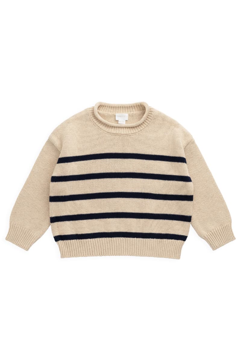 A cream-colored knit sweater with horizontal navy blue stripes across the chest, displayed flat against a solid white background.