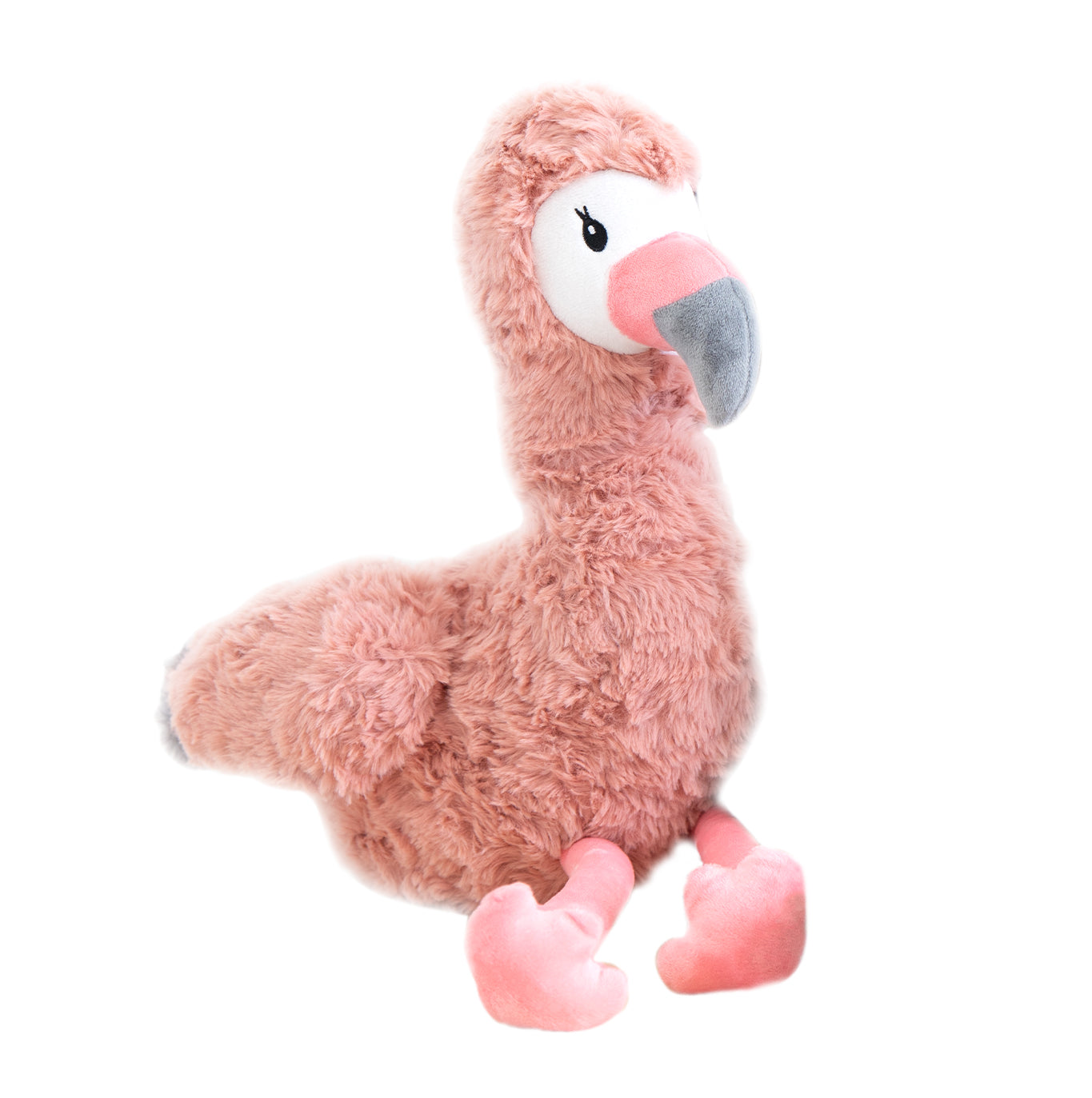 Francesca the weighted flamingo sensory plush toy sitting.