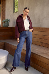 Velvet Heart Galinda wine jacket styled over a white blouse with jeans