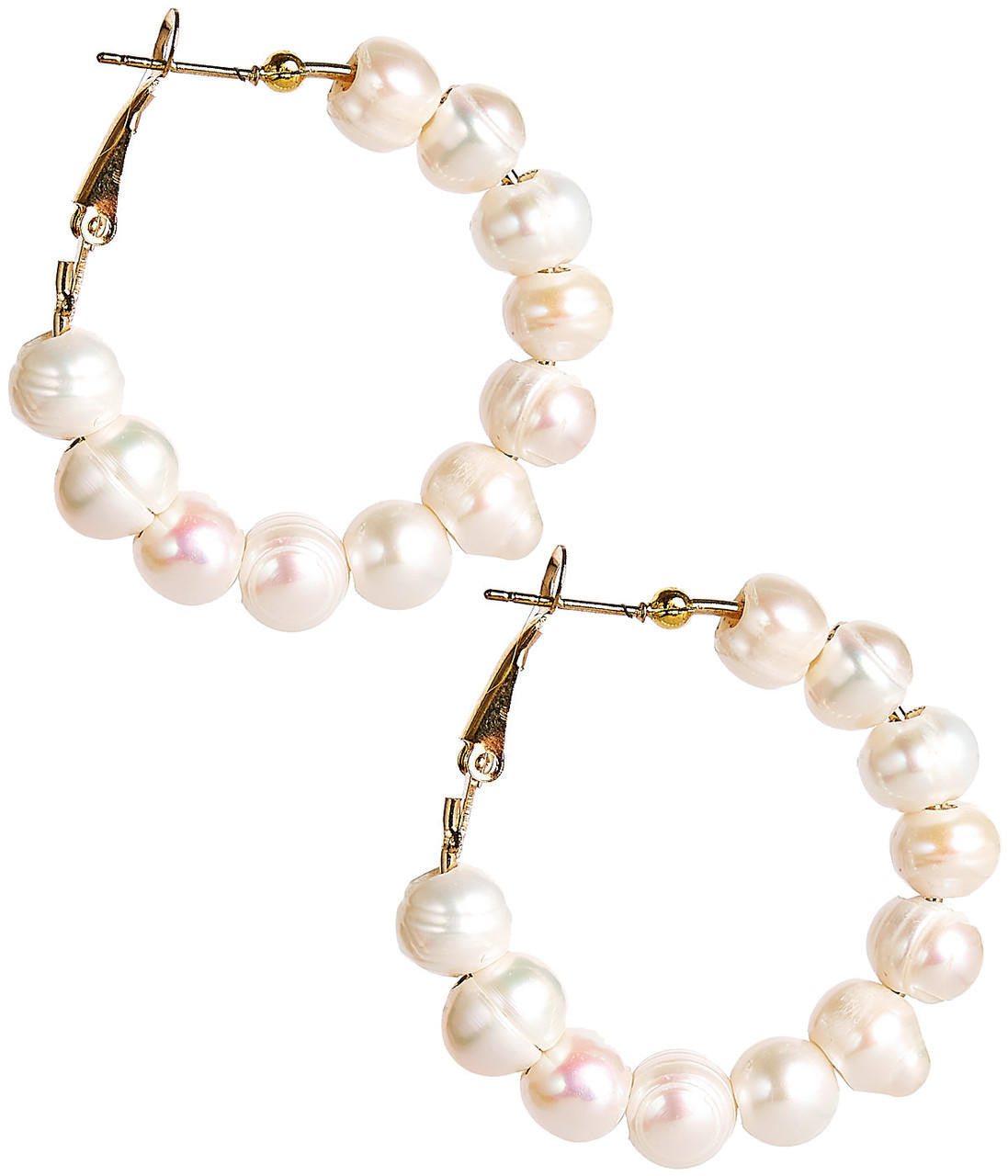 Georgia hoop earrings with stacked 10mm freshwater pearls in gold brass flatlay.