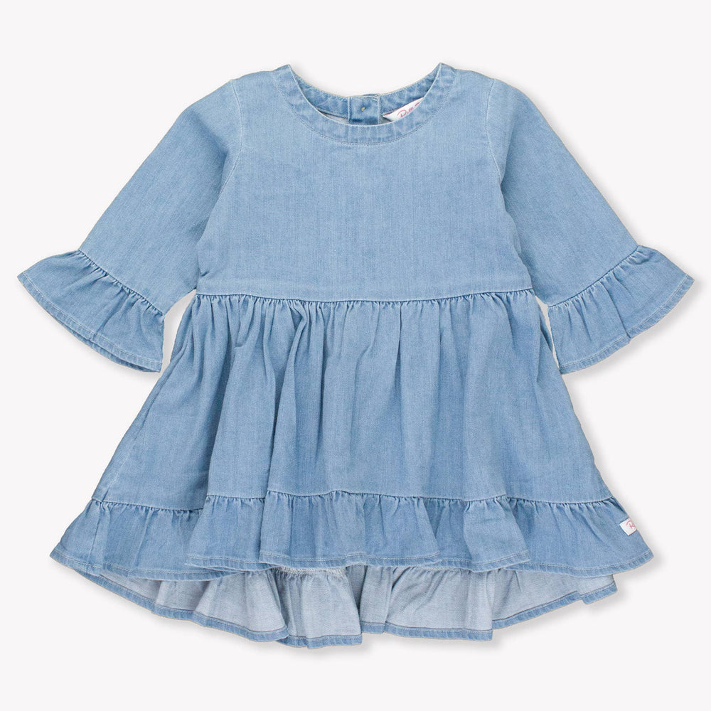 Front flat lay of girls light wash high-low denim tunic with ruffle hem and soft stretch fabric