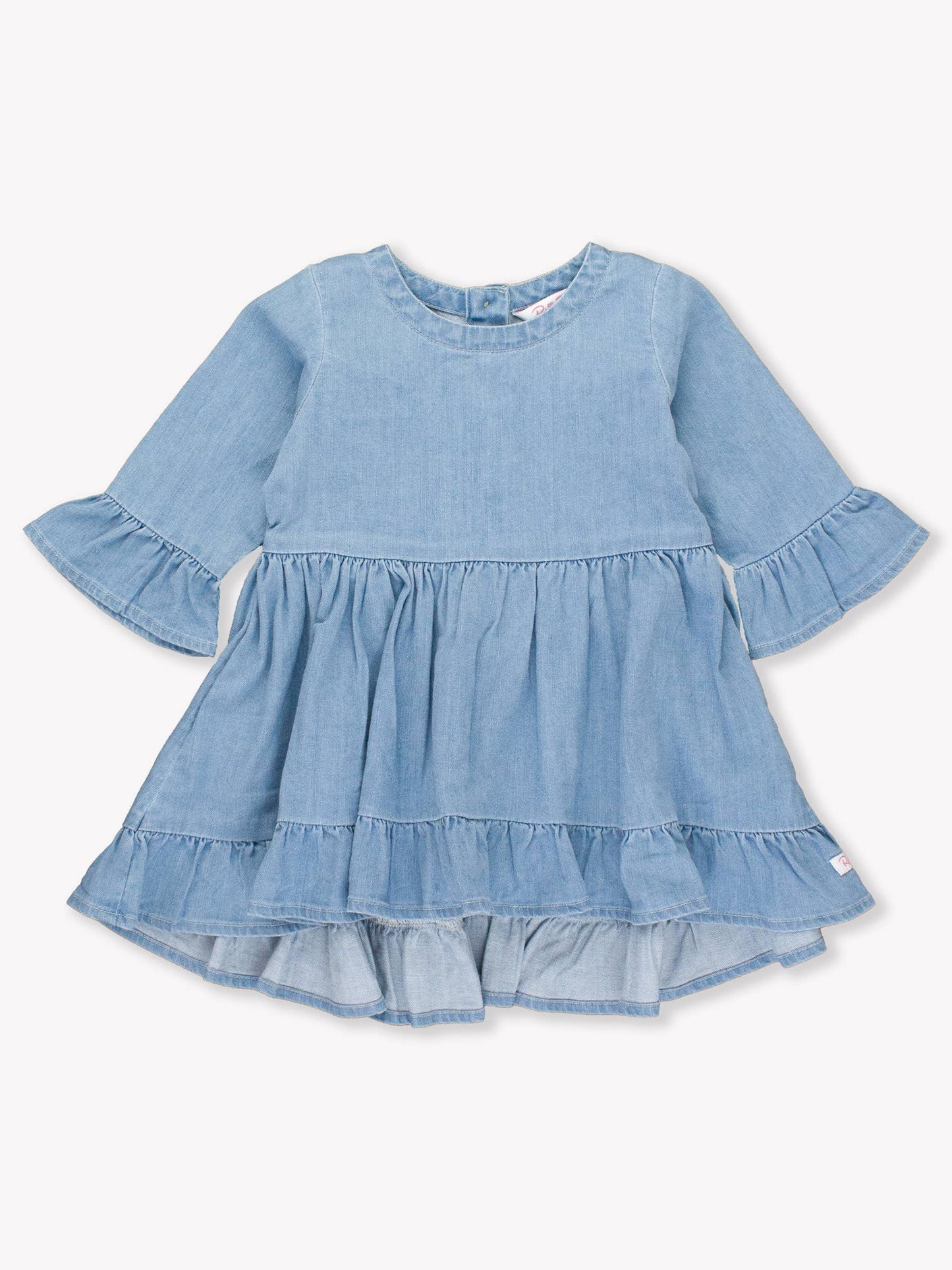 Front flat lay of girls light wash high-low denim tunic with ruffle hem and soft stretch fabric