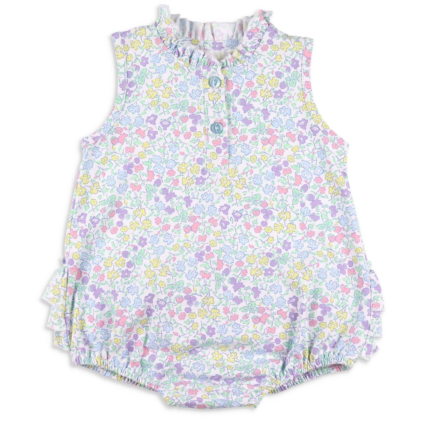 Front flat lay of the Girls Ruffle Bubble – Kiawah by Serendipity, featuring soft cotton knit with a floral and fruit print, ruffle neckline, and custom buttons.