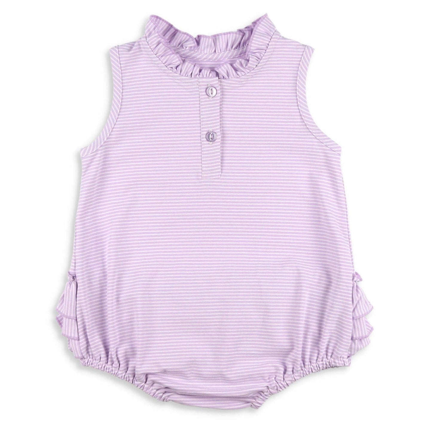 Front flat lay of the Girls Ruffle Bubble in St. Simons Stripe, showcasing the purple and white knit stripes, ruffle neckline, and custom front buttons.