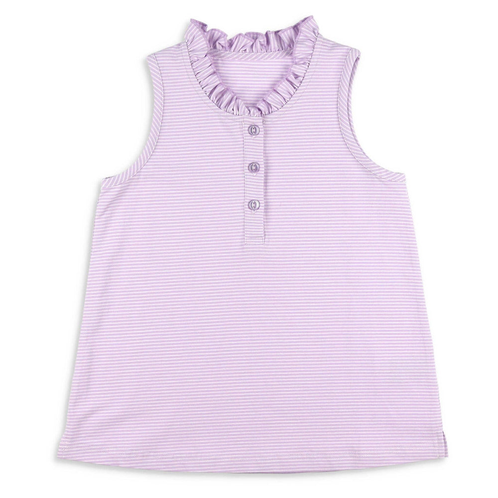 Flat lay of the Girls Ruffle Neck Polo in St. Simons Stripe, featuring purple and white cotton knit fabric, ruffle collar, and custom buttons down the front.