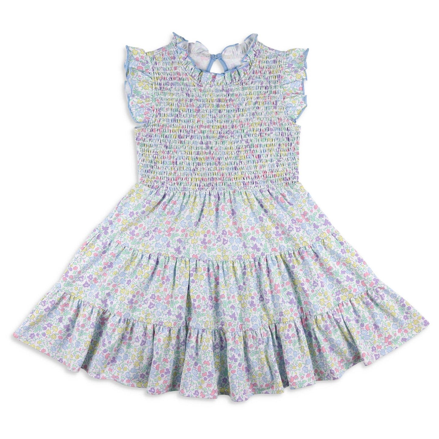 Flat lay of the Girls Smocked Twirl Dress – Kiawah, featuring hand-smocked bodice, ruffle sleeves with blue trim, and a twirl-friendly tiered skirt in a floral and fruit print.