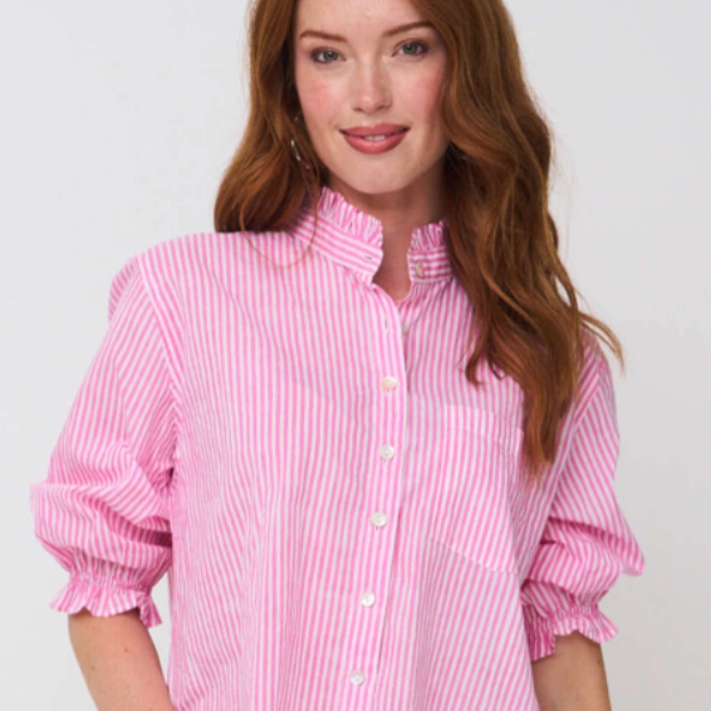 Lifestyle angle showing shirt tucked into jeans, Dahlia pink