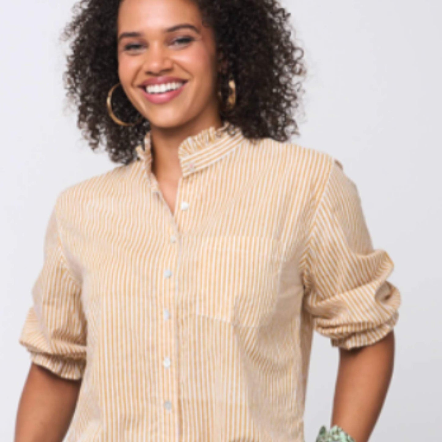 Model wearing Good Girlfriend Shirt styled casually with denim