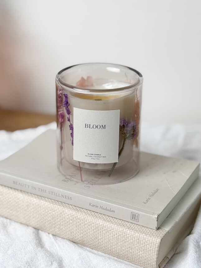 
                      
                        Modern glass candle designed with florals at Grace & Haven’s candle making class in Essex Connecticut.
                      
                    