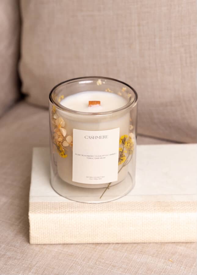 
                      
                        Luxe hand-poured candle in clear glass, made during a creative Essex CT candle making workshop.
                      
                    
