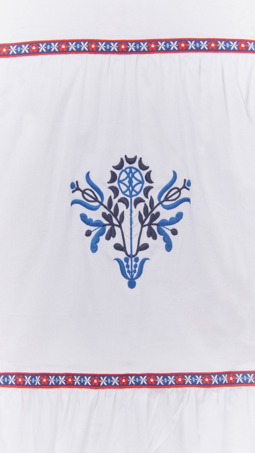 Close-up of embroidered pattern and Americana trim on the Harbor Dress by Ivy Coast