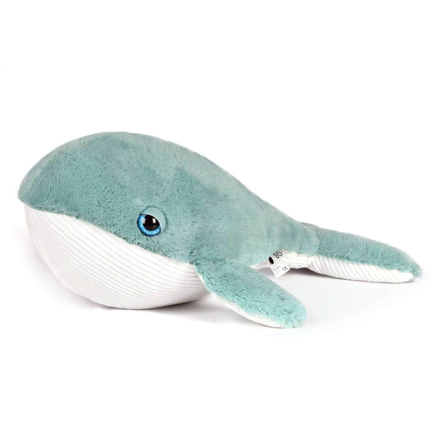 Flatlay of Hurley Whale soft toy, 20.5-inch plush whale made with recycled materials, ideal for kids