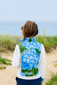 Handmade hydrangea detail on Gather + Goode white denim jacket — Grace & Haven boutique
