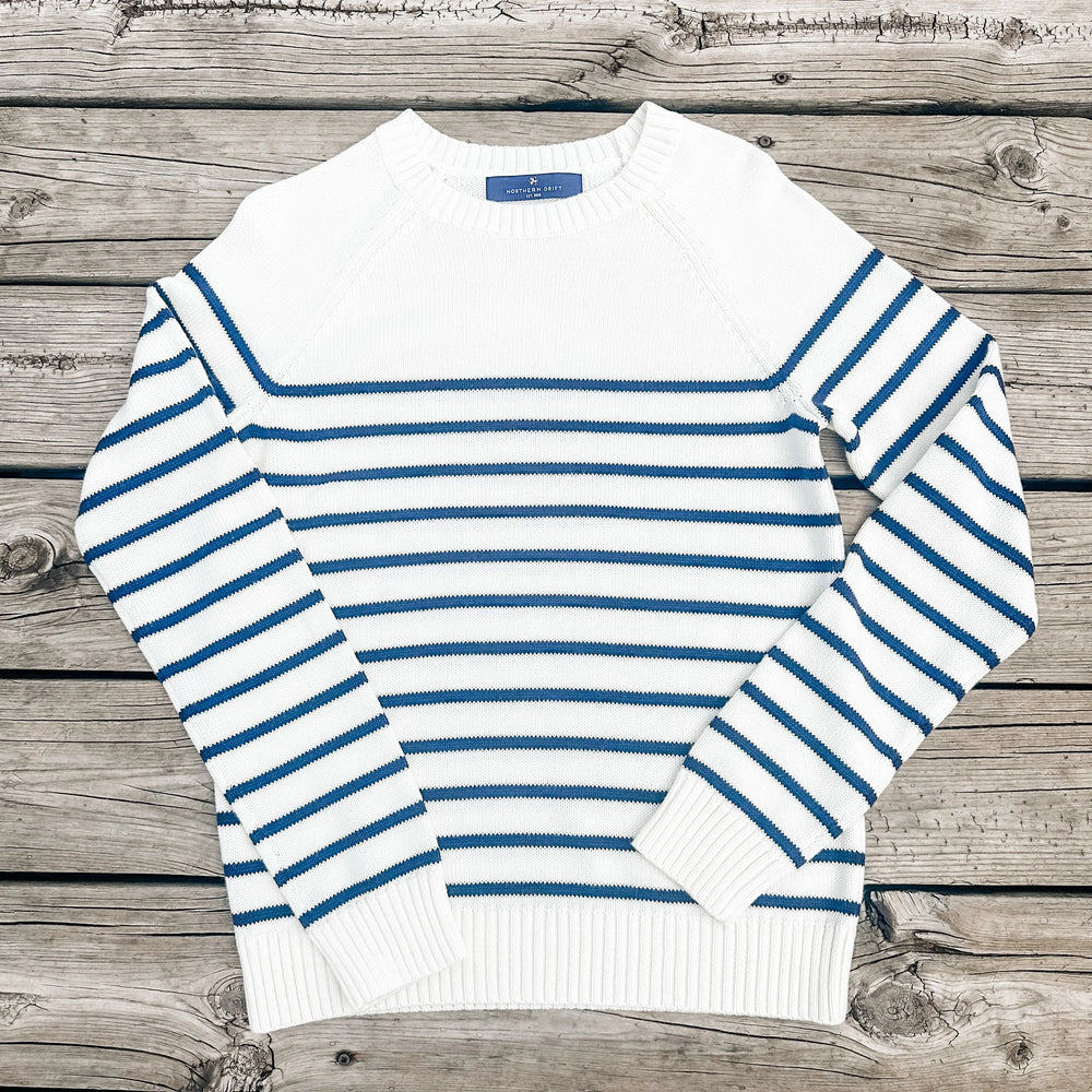 Front view of the Ivory & Navy Striped Sweater with classic nautical pattern and ribbed trim.