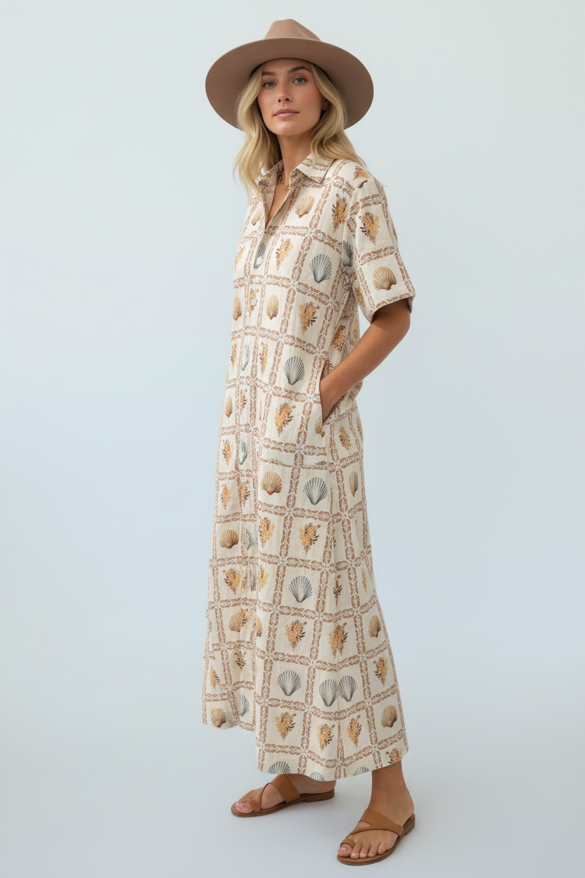 Close-up of seashell print on Ivy Coast Maren dress — European cotton poplin fabric detail