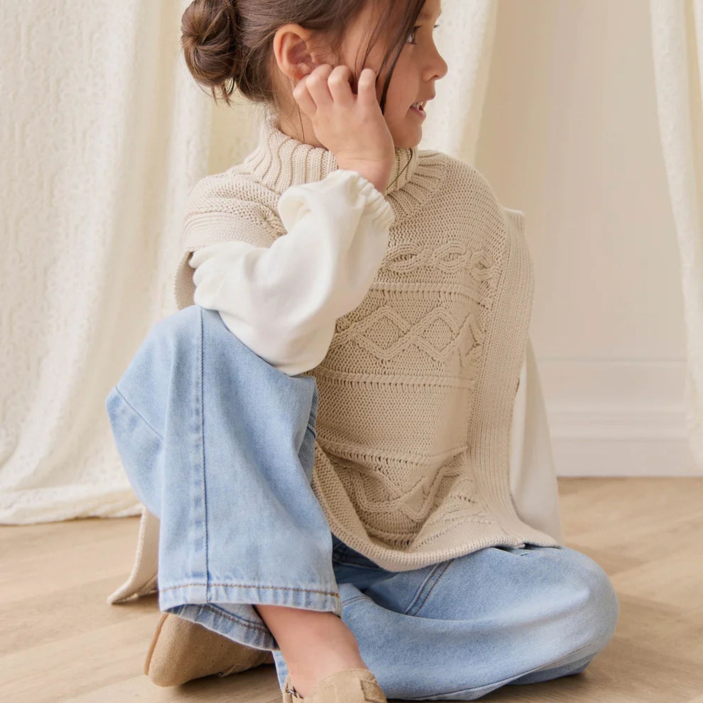 Neutral Pima cotton kids top styled for everyday wear