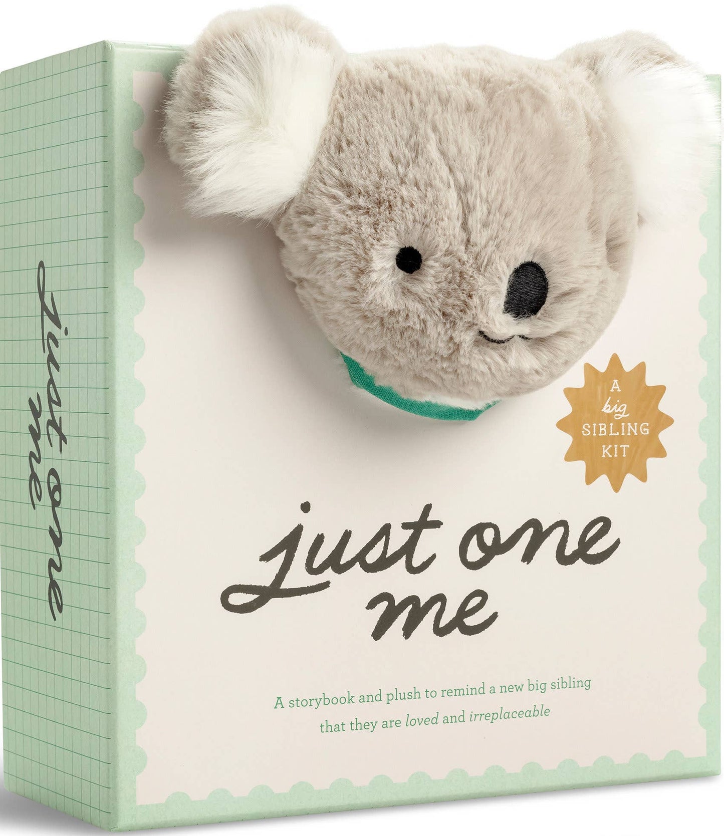 Just One Me - Sibling Kit with plush, beige teddy bear with black nose and eyes, on light green packaging with