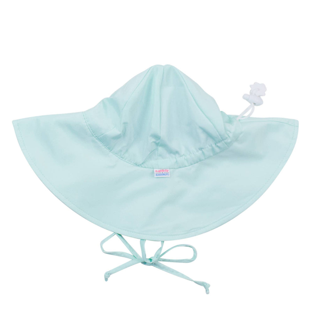 Flat lay side view of kids mint green sun protective hat showing brim shape and chin straps