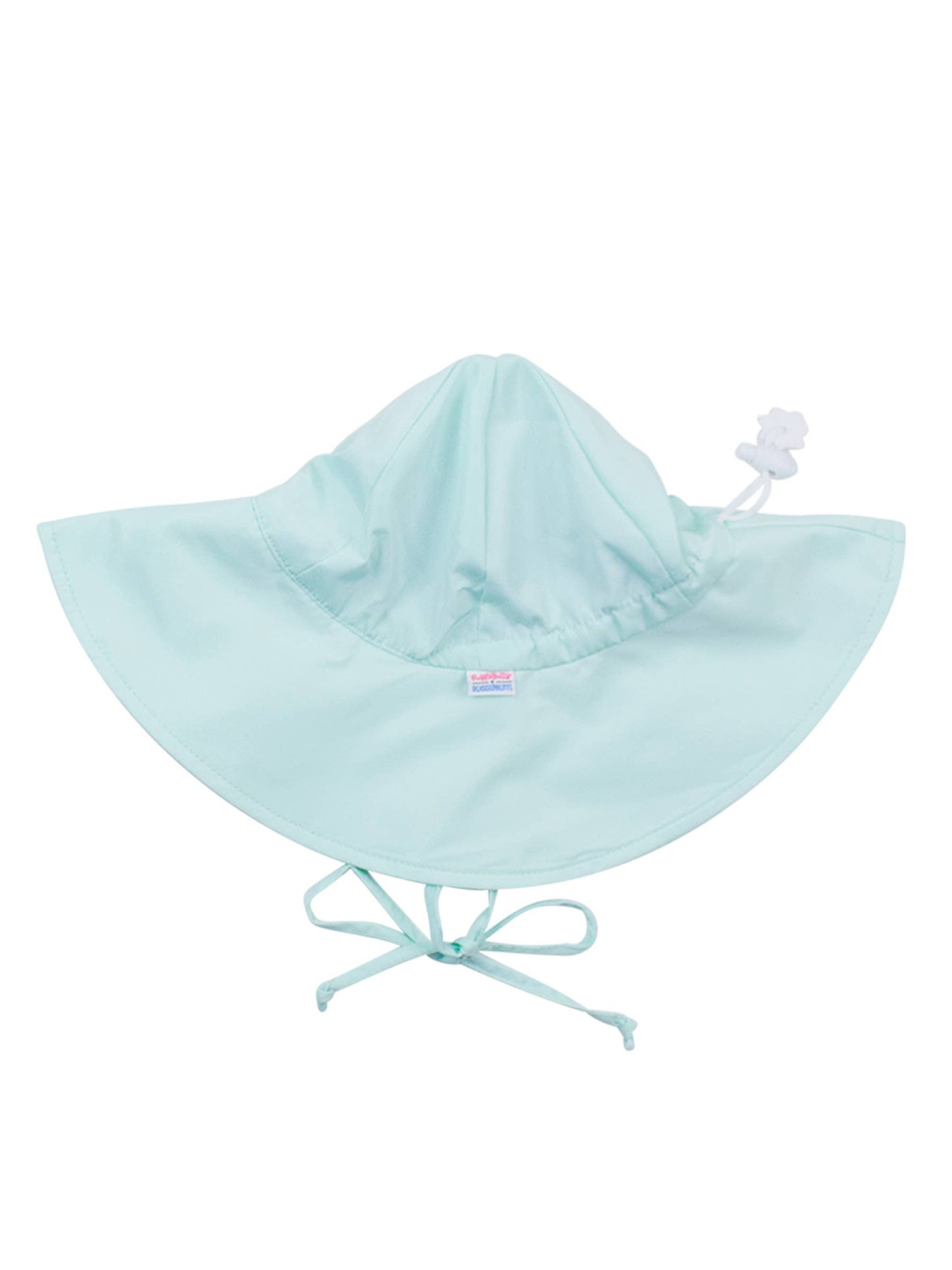 Flat lay side view of kids mint green sun protective hat showing brim shape and chin straps