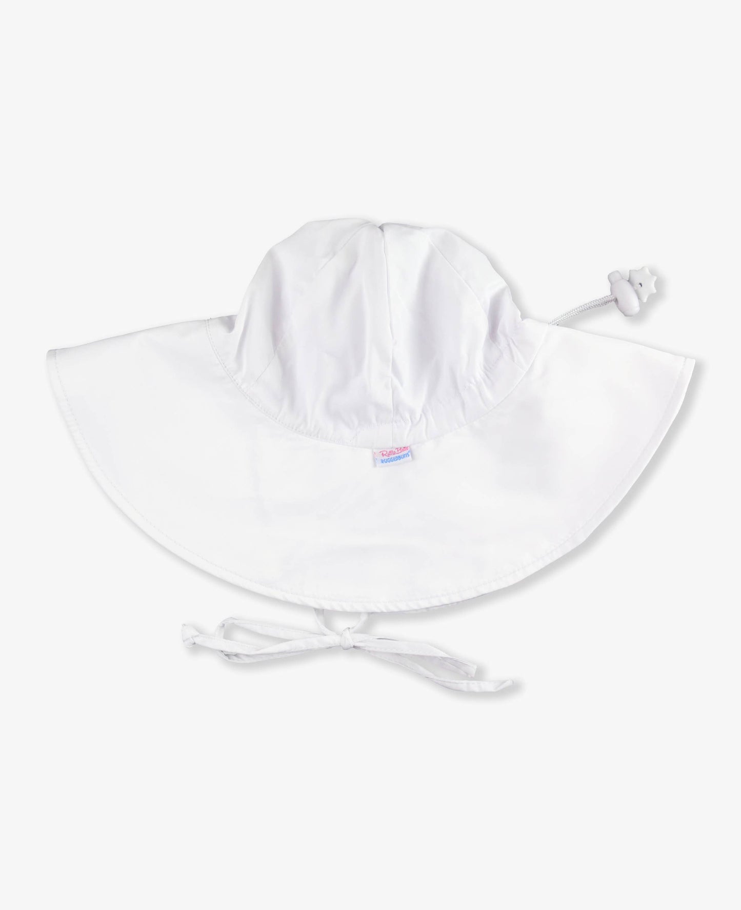 Flat lay of white sun protective hat for babies and kids, showing classic shape and soft chin straps