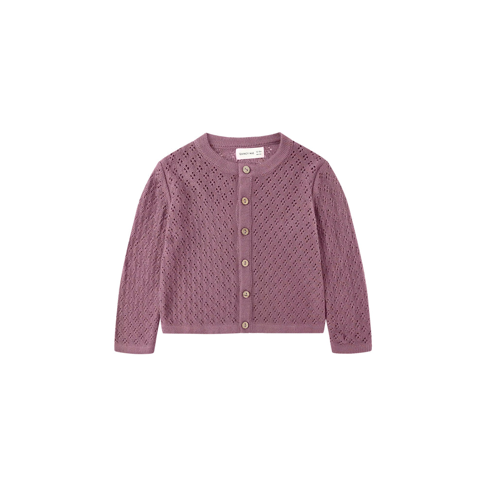 Front view of the Mulberry Knit Cardigan by Quincy Mae, soft organic cotton for babies.